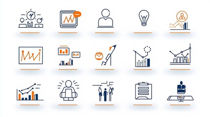Collection of 15 linear icons representing the business and corporate environment with symbols for leadership teamwork and presentation