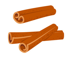 Cinnamon sticks isolated on white background. Fragrant bark rolled into tubes, coffee condiment, ingredient culinary. Sweet cooking and bakery spices. Vector illustration in flat style
