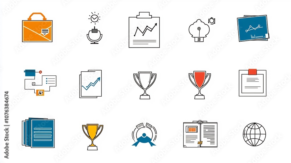 Poster Comprehensive icon set of 15 symbols representing various aspects of corporate success including trophy portfolio organizational chart and more in a clean and modern style with editable stroke widths