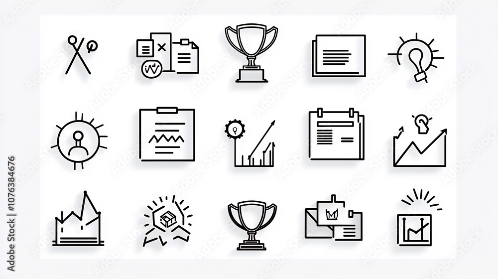 Poster a clean modern icon set featuring 15 symbols that represent the key elements of corporate success in