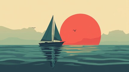 Fototapeta premium Sunset Sailboat on Calm Waters. Minimalist Flat Art.