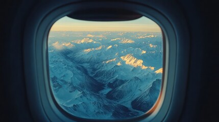airplane window view at snow mountains in sunny