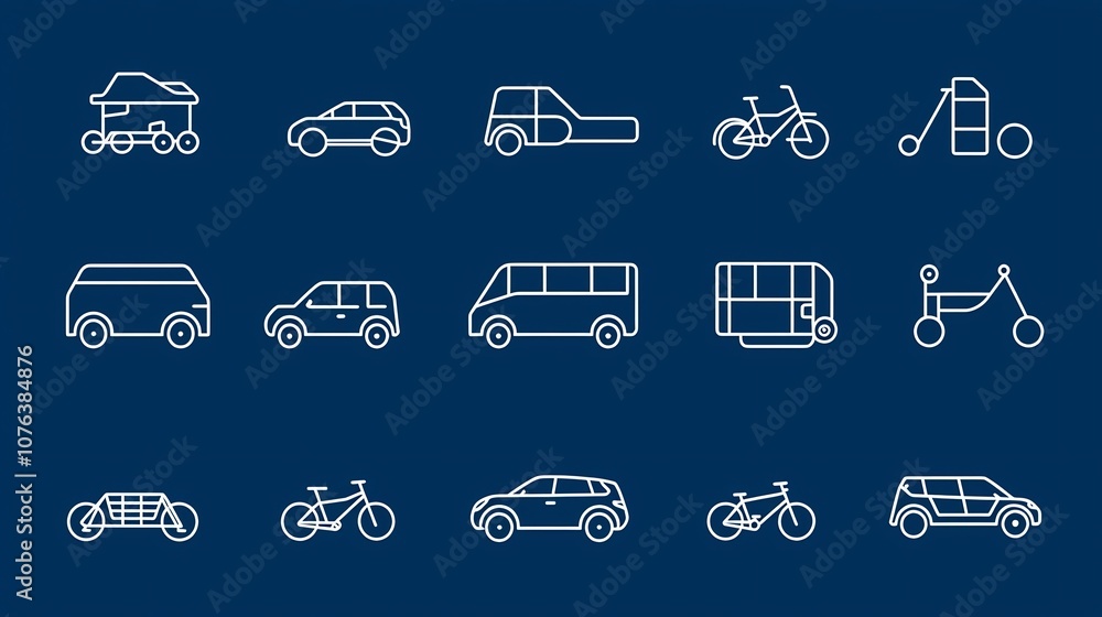 Aufkleber Comprehensive set of 15 outline icons representing various transportation modes including car bus and bicycle symbols  Clean with editable stroke for travel mobility and infrastructure concepts