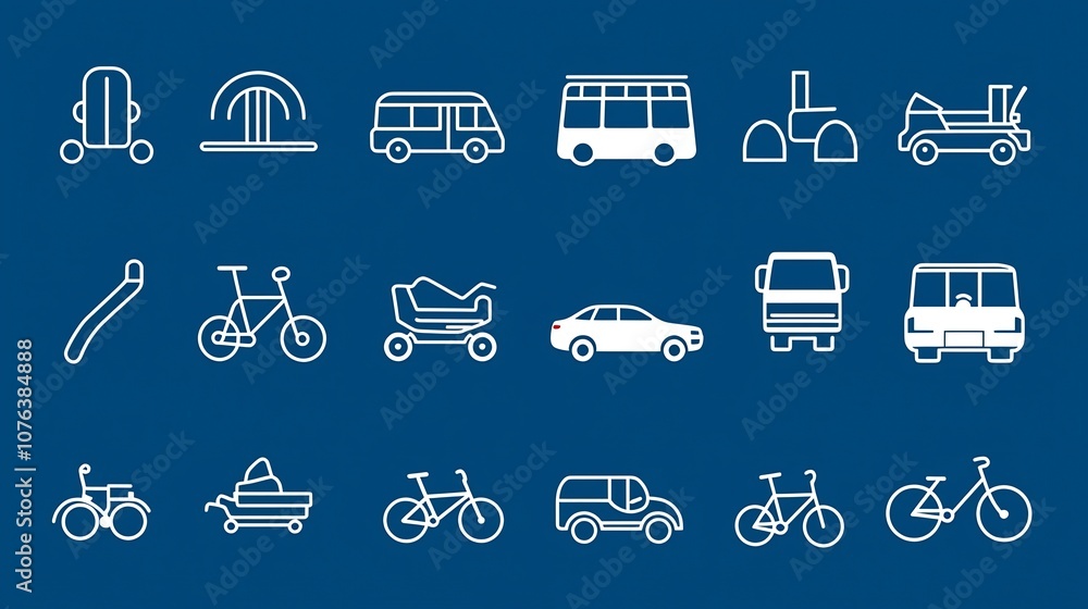 Poster set of 15 minimalist outline icons representing various transportation modes including car bus and b