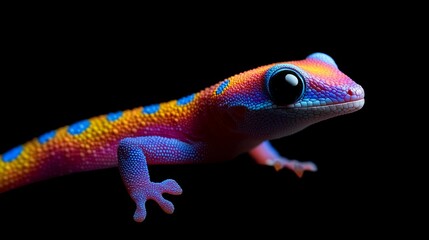 Colorful lizard with blue, red, and yellow spots is standing on a black background. The bright colors of the lizard contrast with the dark background, creating a visually striking image