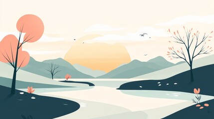 Peaceful River Landscape with Sunset. Minimalist Flat Art.