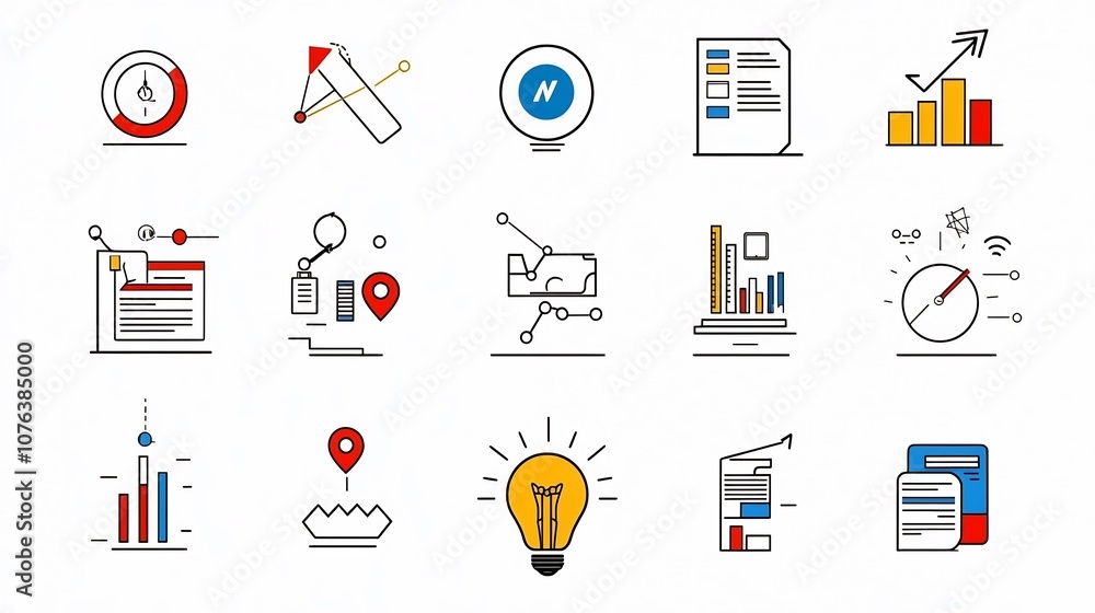 Poster a set of 15 linear icons illustrating various aspects of corporate work culture including symbols fo
