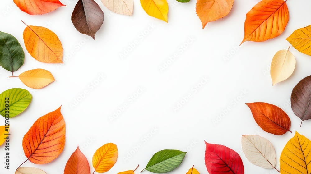 Poster white background with a frame of autumn leaves. the leaves are of different colors and sizes, creati