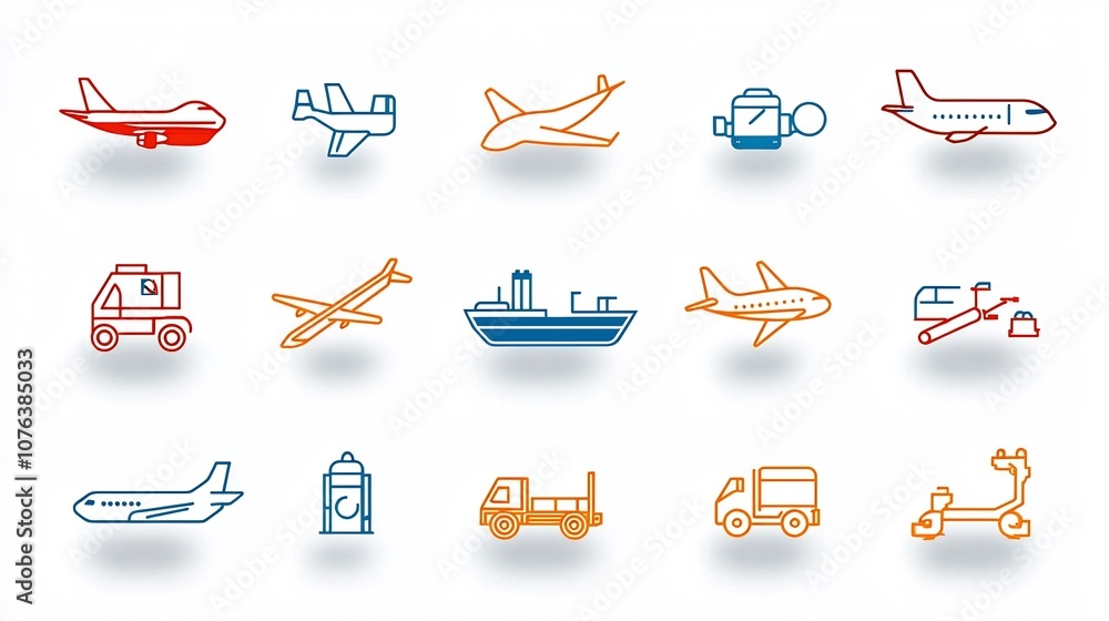 Poster Streamlined collection of linear transportation icons featuring various modes of travel including airplane ship and train icons presented in a simple line style for use in logistic commerce