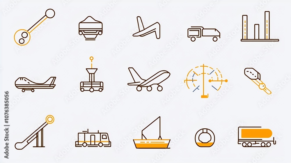 Poster comprehensive set of 15 minimalist line icons focused on various modes of transportation including a