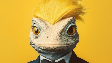 Frog wearing a suit and tie with a fake beard and a fake mustache. The frog has a serious expression on its face