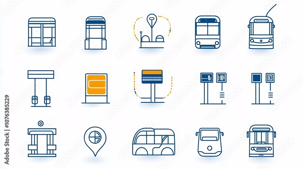 Fototapete comprehensive collection of 15 clean linear icons representing various elements of public transporta