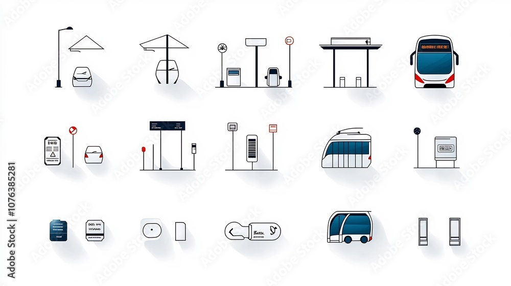 Aufkleber Clean Set of 15 Linear Icons Representing Public Transportation Elements Such as Tram Bus Stop and Ticket for Urban Commute and Transit Concepts