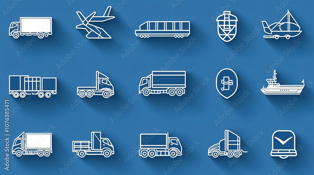 Poster comprehensive outline icon set featuring 15 essential transportation symbols including cargo truck a