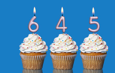 Birthday Cupcakes With Candles Lit Forming The Number 645