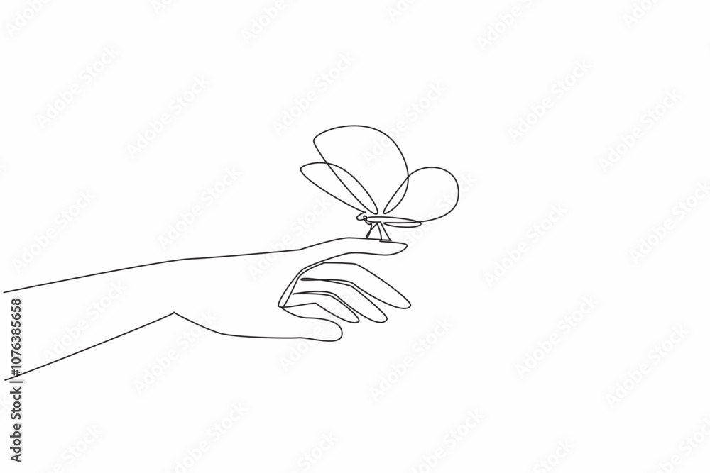 Poster continuous one line drawing butterfly perched on index finger. hands of tenderness that can care for
