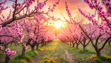 Blossoming Peach Tree Branches in a Minimalistic Landscape Showcasing the Awakening of New Life in a Serene Garden Setting Celebrating Nature's Beauty and Renewal