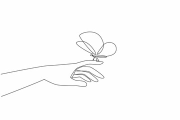 Continuous one line drawing butterfly perched on index finger. Hands of tenderness that can care for hope. Best future of humanity. Zero Discrimination Day. Single line draw design vector illustration