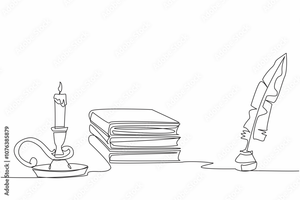 Poster single one line drawing a stack of books and an inkwell and quill. knowledge and learning. write dow