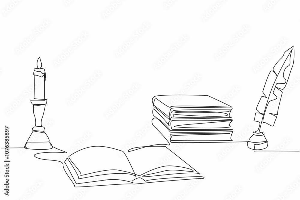 Aufkleber continuous one line drawing open book, quill and lit candle in a candlestick. reading. studying. lea