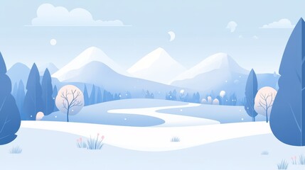 Serene Winter Landscape with Snowy Mountains and a Winding River. Minimalist Flat Art.