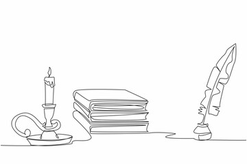 Single one line drawing a stack of books and an inkwell and quill. Knowledge and learning. Write down brilliant ideas. Enlightenment. World Candle Day. Continuous line design graphic illustration