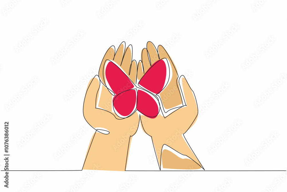 Poster single continuous line drawing butterflies perched on two open palms. rolling out new hope. openness
