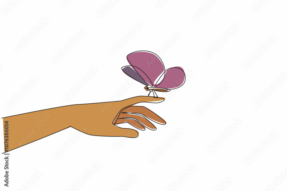 Poster continuous one line drawing butterfly perched on index finger. hands of tenderness that can care for