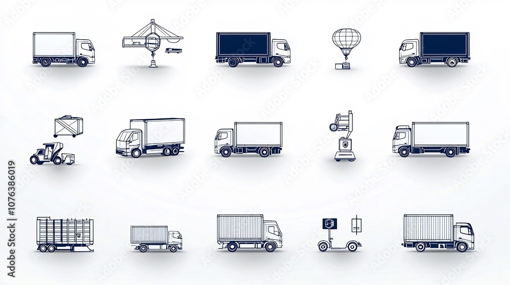 Poster a set of 15 minimalist outline icons representing various aspects of logistics and transportation se