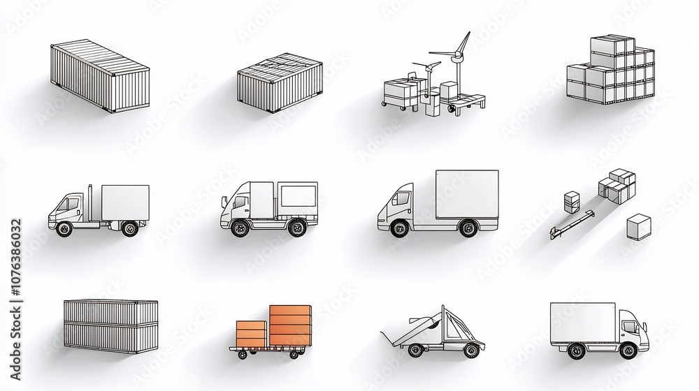 Poster set of 15 minimalist outline icons representing various aspects of logistics and transport services 