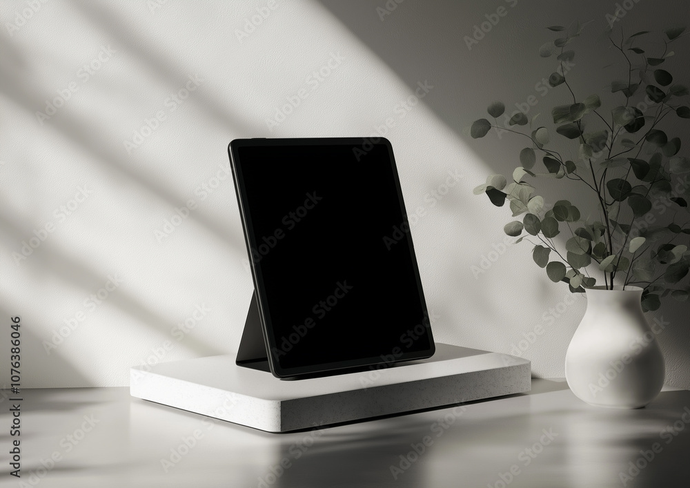 Aufkleber a modern tablet rests on a minimalist stand, surrounded by soft shadows and a delicate vase of folia