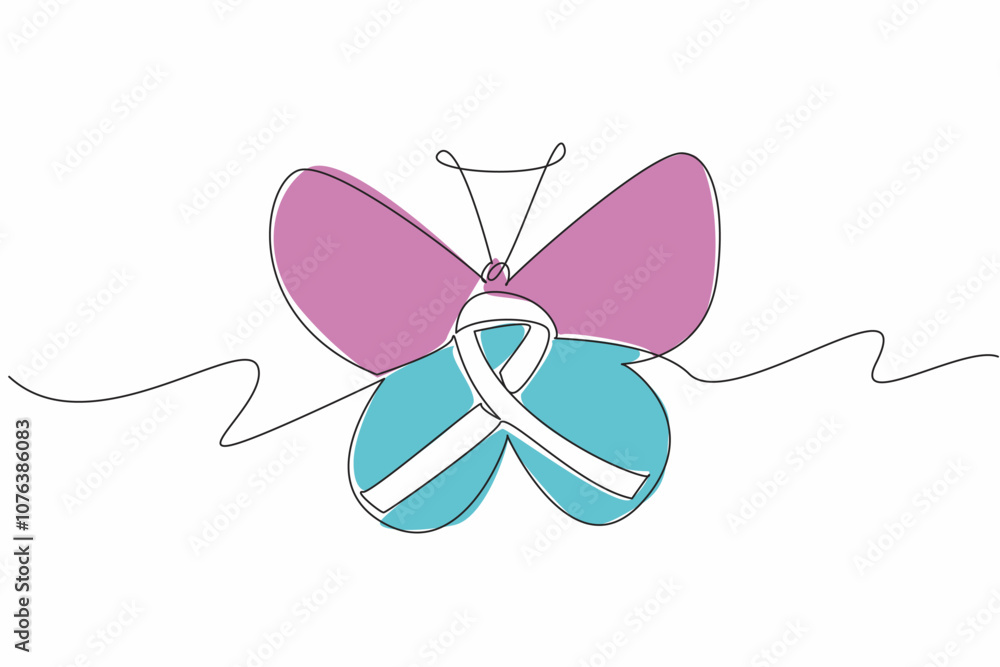 Poster single one line drawing ribbon in the middle of the butterfly. step by step passed. like being rebor