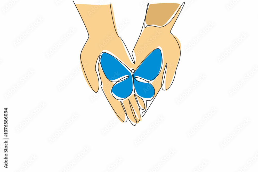 Poster single one line drawing butterflies perched on two open, stacked palms. protect. accept as without d
