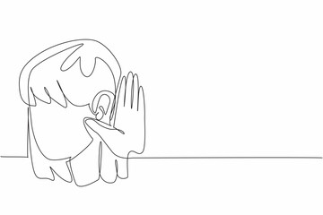 Single continuous line drawing woman holding her ear. Concentration required to hear. Avoiding miscommunication. Listen intently. Focus. Gesture. World Hearing Day. One line design vector illustration
