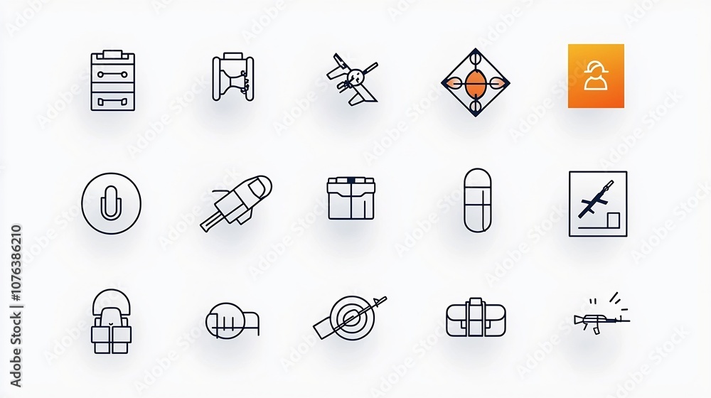 Poster set of 15 linear icons highlighting various military related elements like soldiers weapons explosiv