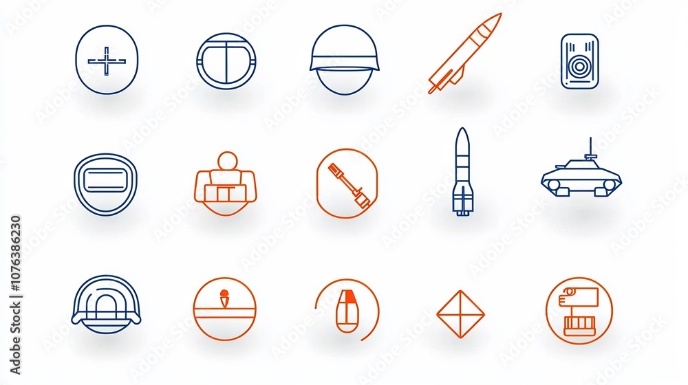 Aufkleber set of 15 clean and editable outline icons representing various military elements and combat concept