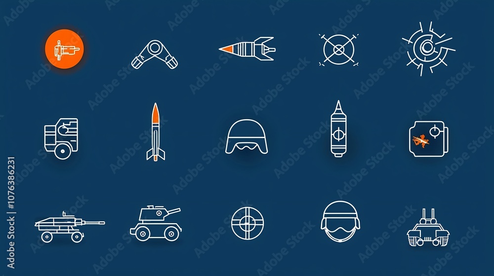 Aufkleber set of 15 outline icons representing war elements including army helmet missile and tank symbols in 
