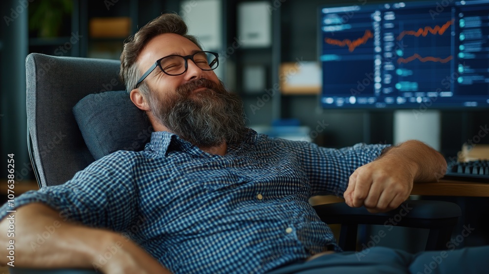 Poster man with a beard sits back in a comfortable chair, smiling as he takes a break from work