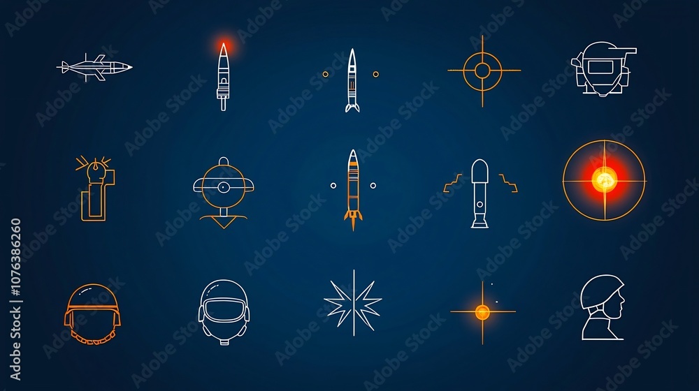 Poster Set of 15 Outline Icons Representing Essential War and Military Symbols Including Helmet Missile Tank and Other Armaments for Clean and Interface Design