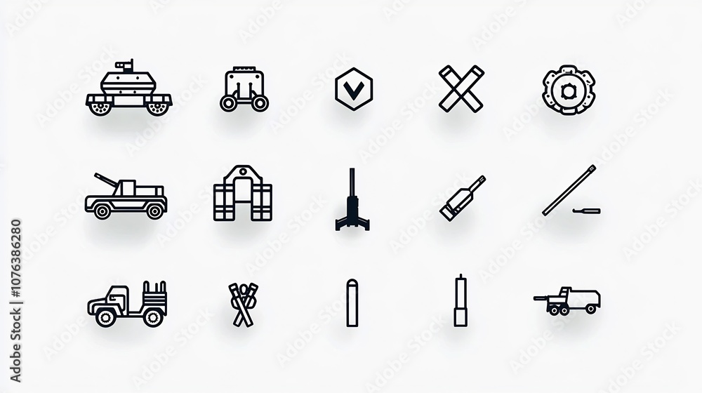 Poster minimalist war icon set of 15 outlines featuring symbols for armored vehicles grenades and artillery