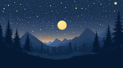 Fototapeta premium Nighttime Mountain Landscape with Full Moon and Stars. Minimalist Flat Art.