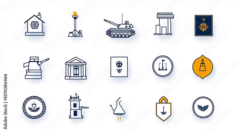 Poster outline icon set of 15 military symbols including command post tank and army badge in style with edi