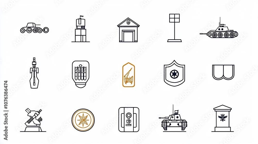 Poster set of 15 military icons including command post tank and army badge in graphic style with editable s