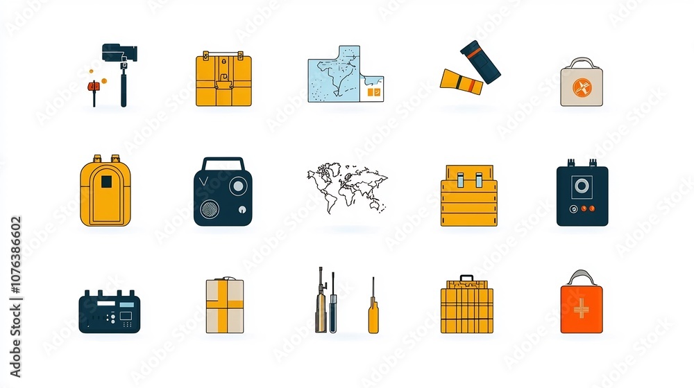 Poster comprehensive set of 15 military icons featuring maps field radios supply crates and other essential