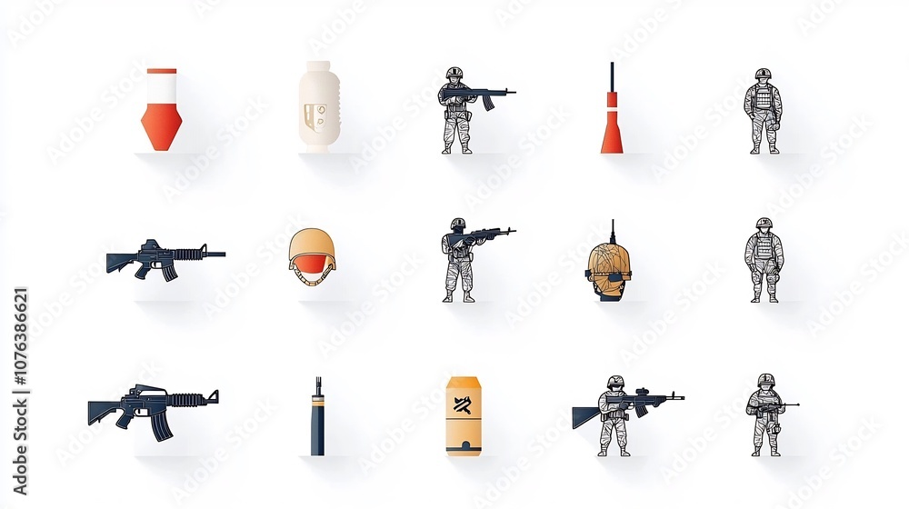 Aufkleber Collection of 15 minimalist outline icons representing various battle equipment and weapons such as handguns rifles and combat helmets  The icons feature a clean simple and modern design