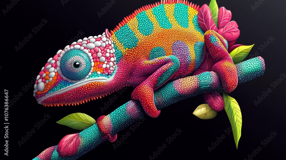 Aufkleber colorful lizard is sitting on a branch. the lizard is multicolored and has a pattern on its head
