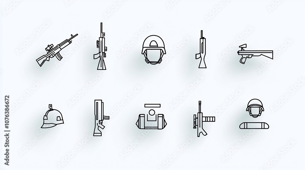Poster collection of 15 outline style icons depicting handguns rifles and combat helmets for military battl