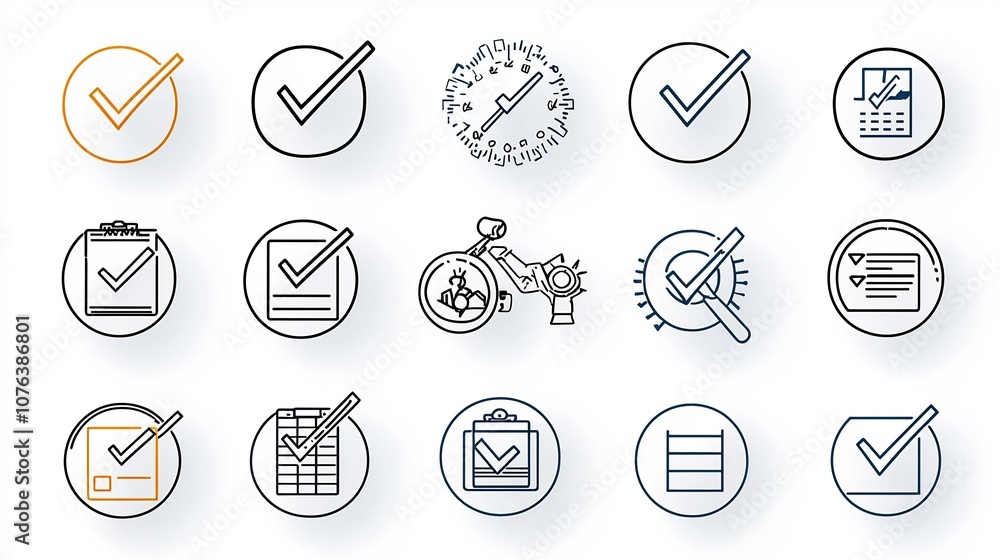 Aufkleber Set of 15 Outline Icons Representing Action Plan Essentials Such as Schedule Strategy and Checkmark Symbols  Clean with Editable Stroke