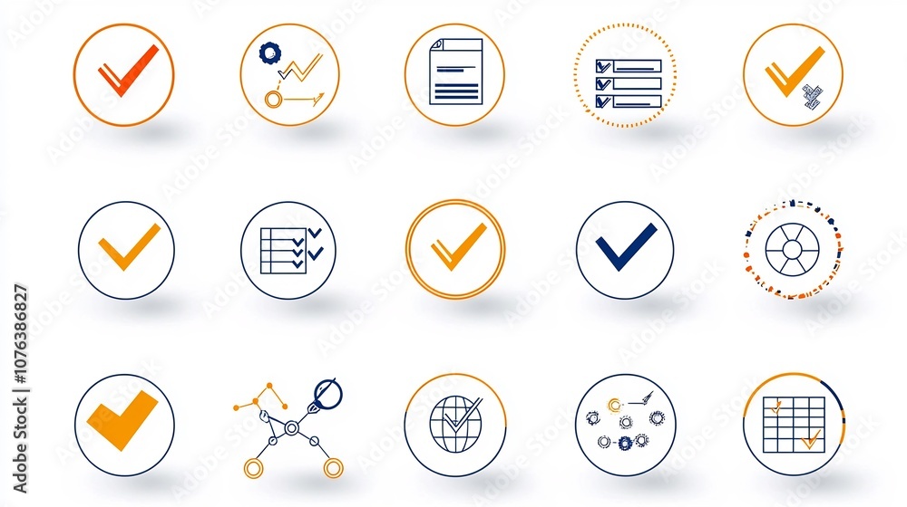 Poster Set of 15 outline icons representing the essential elements of an action plan including schedule strategy and checkmark symbols  Clean with editable stroke