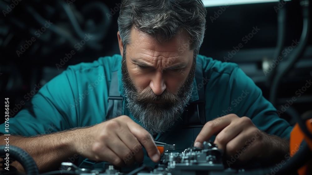 Poster dedicated mechanic with a beard carefully works on machine parts in a workshop, displaying concentra
